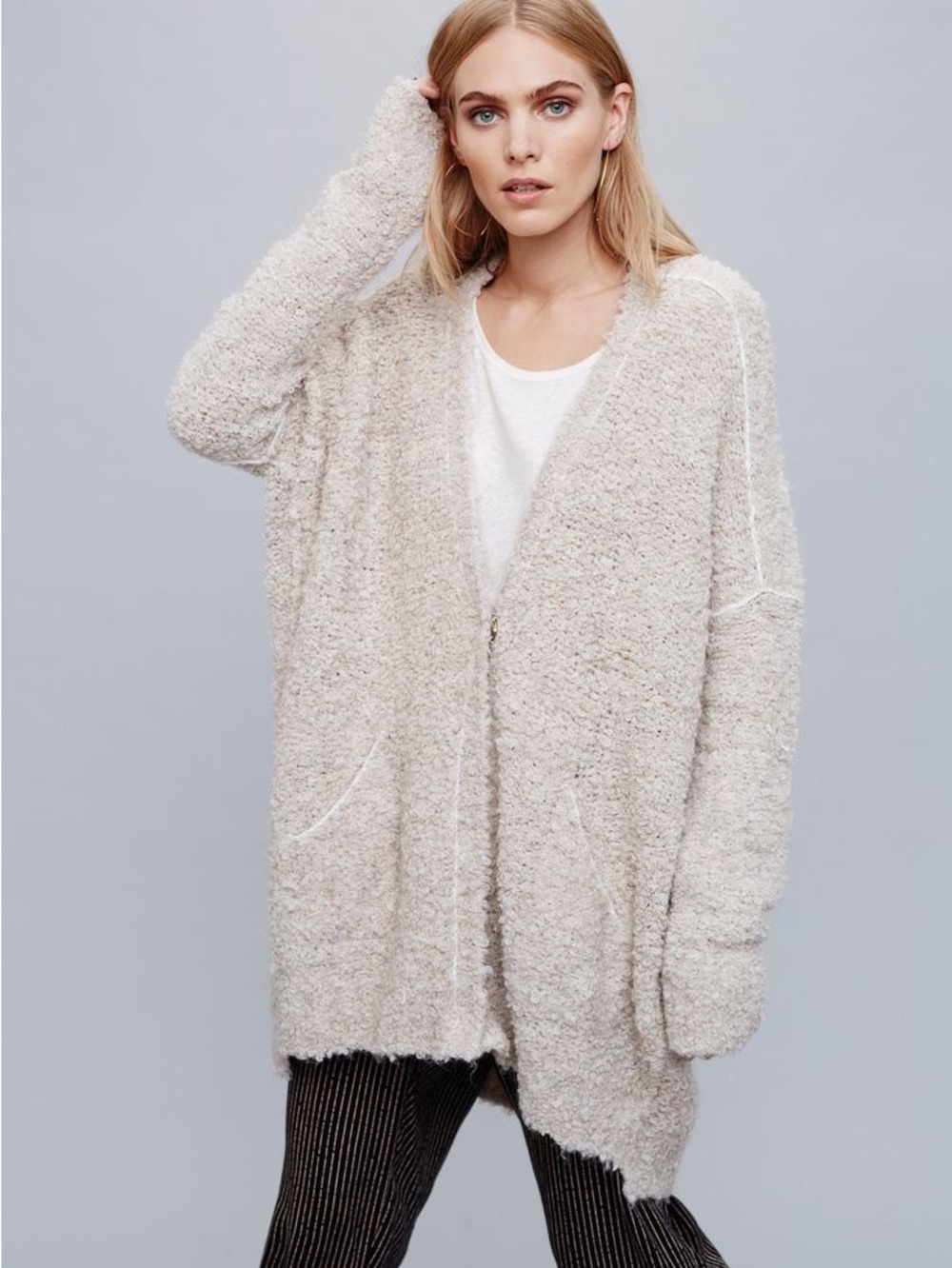 Free People Beige Boucle Cardigan Oversized Slouchy Sweater Size S